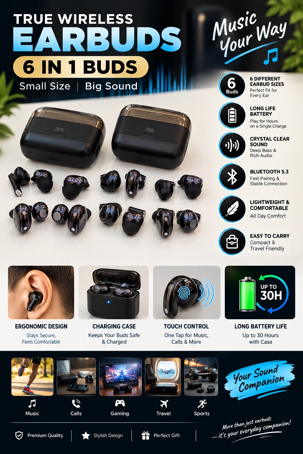 ๐ฅ 6-in-1 Wireless JBL Earbuds with Charging Case โ Premium Sound & Long Battery Lif