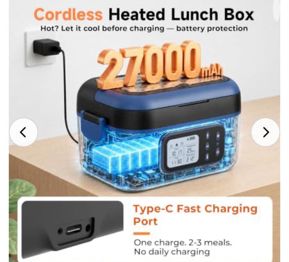 Cordless Electric Lunch Box for Adults with APP Control, 27000mAh Battery Powered, 1.5L Portable Timer & Leak-Proof Warmer, Smart for Men Work Travel Truck