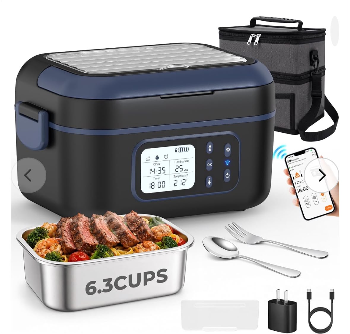 Cordless Electric Lunch Box for Adults with APP Control, 27000mAh Battery Powered, 1.5L Portable Timer & Leak-Proof Warmer, Smart for Men Work Travel Truck