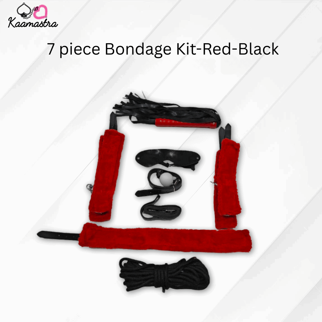7-piece bondage kit with red and black items on a white background