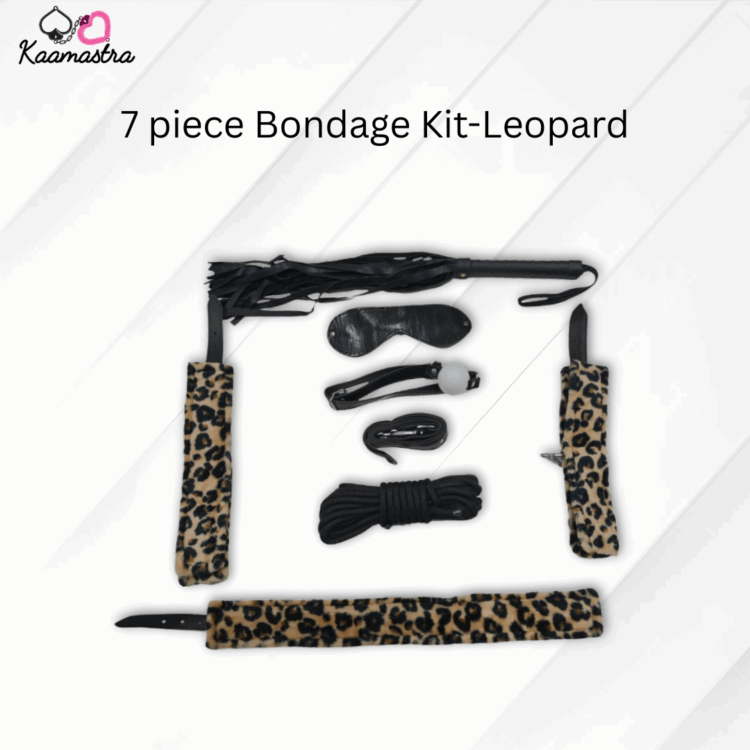 7-piece bondage kit with leopard print design on a white background