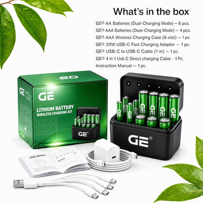 🅶🅴 Rechargeable AA & AAA 1.5V Lithium Battery Combo Pack, USB-C/Type-C & Wireless Fast Charging, 2500mWh AA / 600mWh AAA, Pack of 8, Up to 1500 Recharge Cycles