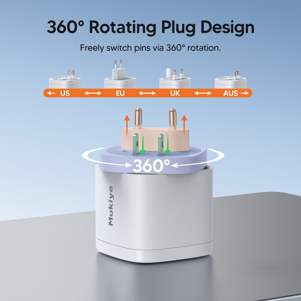 Mukiya   360°   Rotating   4-in-1   Universal   Travel Charger   |   70W   GaN One Turn. Power Anywhere. Ready for iPhone 18 Pro.