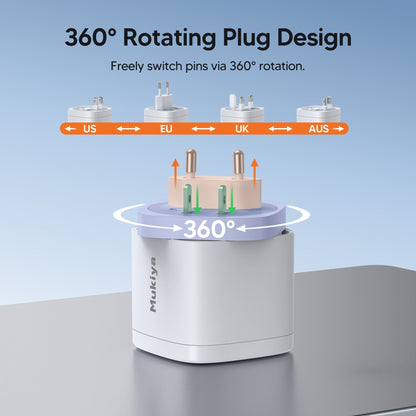 Mukiya   360°   Rotating   4-in-1   Universal   Travel Charger   |   70W   GaN One Turn. Power Anywhere. Ready for iPhone 18 Pro.