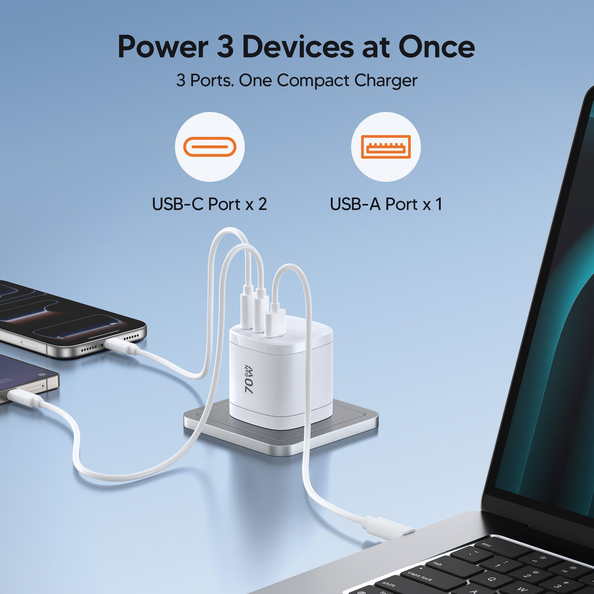 Mukiya   360°   Rotating   4-in-1   Universal   Travel Charger   |   70W   GaN One Turn. Power Anywhere. Ready for iPhone 18 Pro.