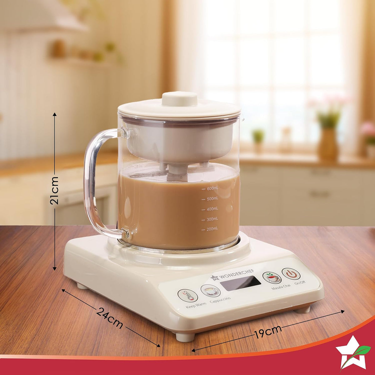 Wonderchef Chai Magic, Fully Automatic Tea & Cappuccino Maker, Make Masala Chai/Cutting Chai/Kahwa/, No Spills, No Overcooking, 4 Modes, Boil Milk/Water/Coffee, 500ML Glass Jar
