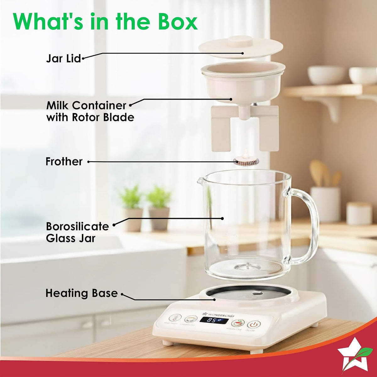 Wonderchef Chai Magic, Fully Automatic Tea & Cappuccino Maker, Make Masala Chai/Cutting Chai/Kahwa/, No Spills, No Overcooking, 4 Modes, Boil Milk/Water/Coffee, 500ML Glass Jar