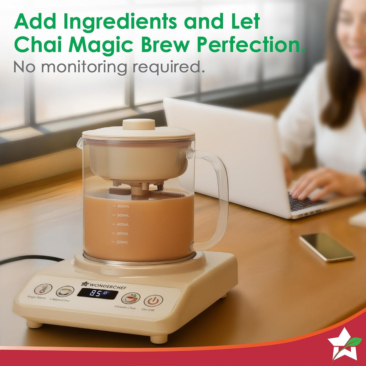 Wonderchef Chai Magic, Fully Automatic Tea & Cappuccino Maker, Make Masala Chai/Cutting Chai/Kahwa/, No Spills, No Overcooking, 4 Modes, Boil Milk/Water/Coffee, 500ML Glass Jar