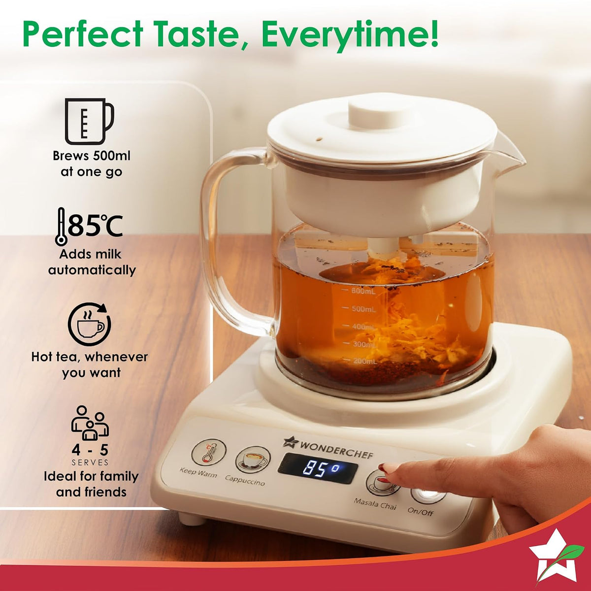 Wonderchef Chai Magic, Fully Automatic Tea & Cappuccino Maker, Make Masala Chai/Cutting Chai/Kahwa/, No Spills, No Overcooking, 4 Modes, Boil Milk/Water/Coffee, 500ML Glass Jar