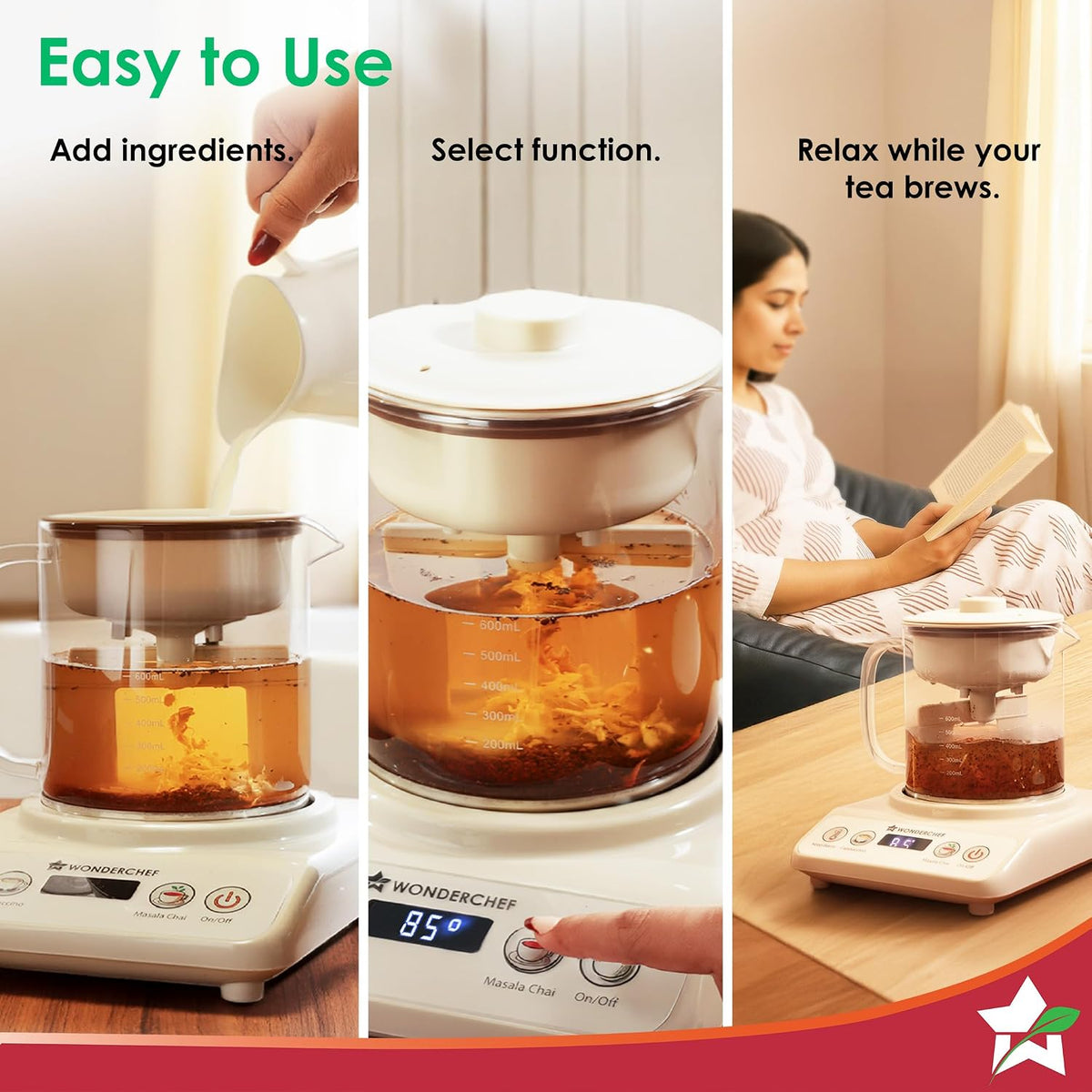 Wonderchef Chai Magic, Fully Automatic Tea & Cappuccino Maker, Make Masala Chai/Cutting Chai/Kahwa/, No Spills, No Overcooking, 4 Modes, Boil Milk/Water/Coffee, 500ML Glass Jar