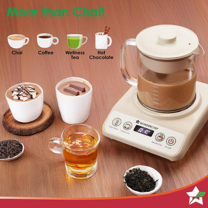 Wonderchef Chai Magic, Fully Automatic Tea & Cappuccino Maker, Make Masala Chai/Cutting Chai/Kahwa/, No Spills, No Overcooking, 4 Modes, Boil Milk/Water/Coffee, 500ML Glass Jar