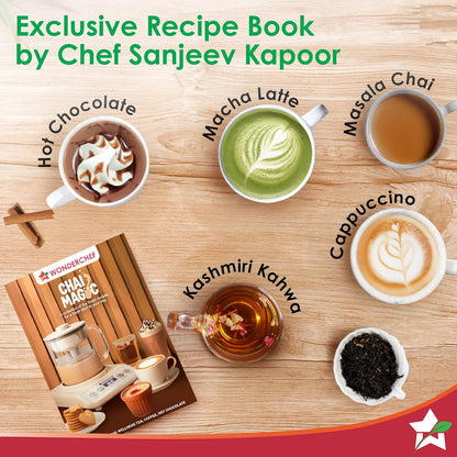 Wonderchef Chai Magic, Fully Automatic Tea & Cappuccino Maker, Make Masala Chai/Cutting Chai/Kahwa/, No Spills, No Overcooking, 4 Modes, Boil Milk/Water/Coffee, 500ML Glass Jar