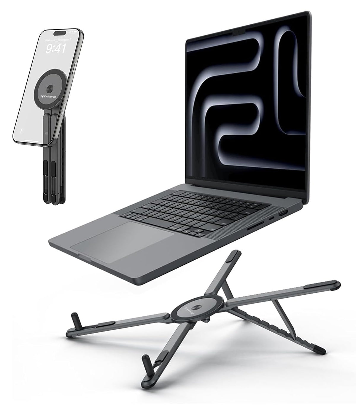 KAPAVER HaloStand 5in1 Portable Magnetic Aluminum Alloy Stand, 360° Adjustable Laptop, Tablet, Phone Holder with 8-Level Height Adjustment & Foldable Design (Cosmic Gray/Orange)
