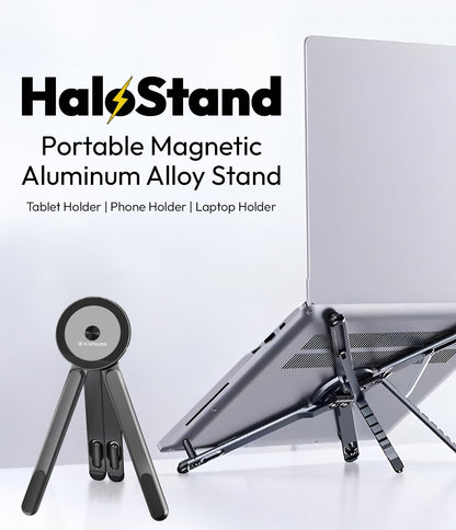KAPAVER HaloStand 5in1 Portable Magnetic Aluminum Alloy Stand, 360° Adjustable Laptop, Tablet, Phone Holder with 8-Level Height Adjustment & Foldable Design (Cosmic Gray/Orange)