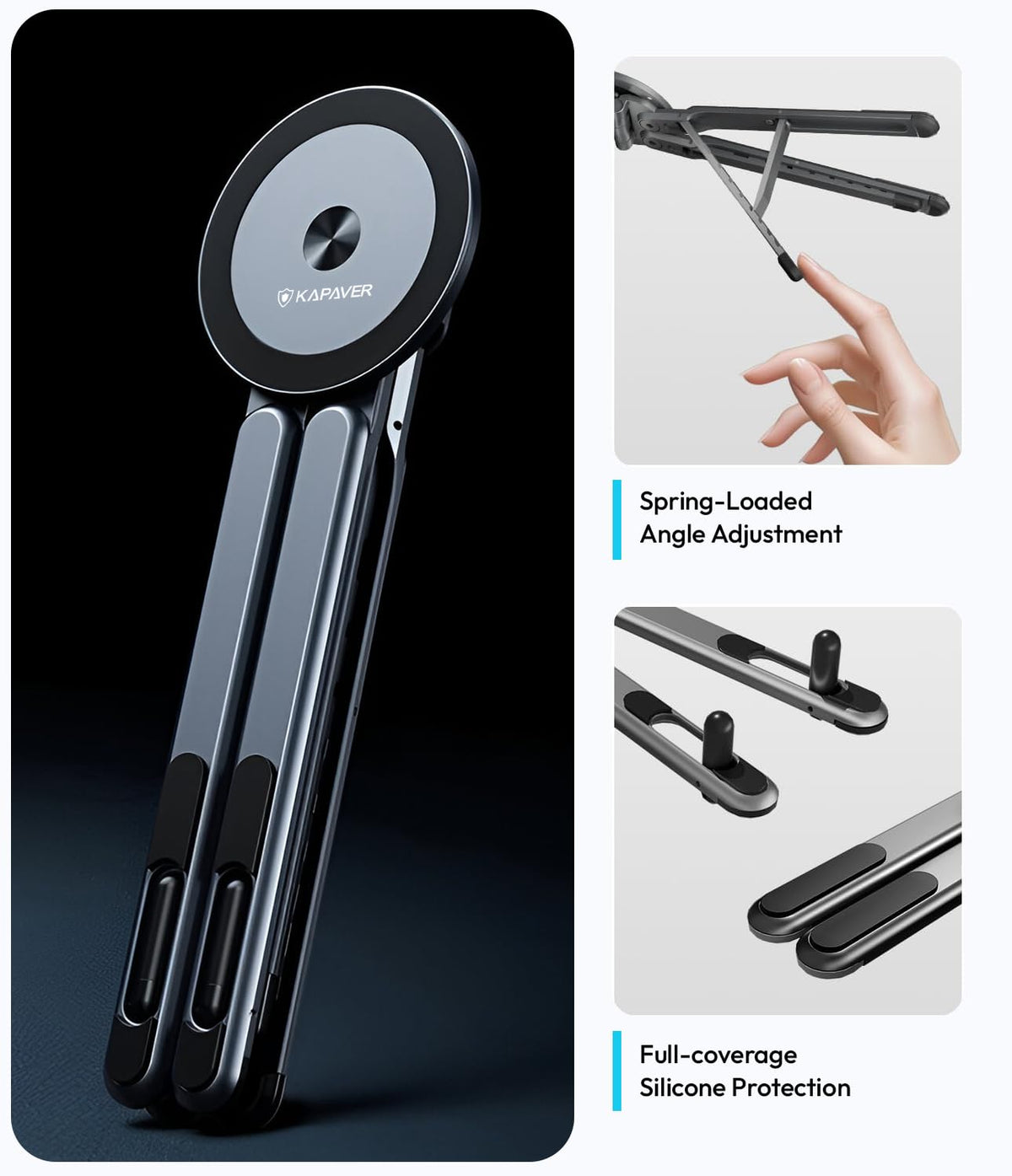 KAPAVER HaloStand 5in1 Portable Magnetic Aluminum Alloy Stand, 360° Adjustable Laptop, Tablet, Phone Holder with 8-Level Height Adjustment & Foldable Design (Cosmic Gray/Orange)