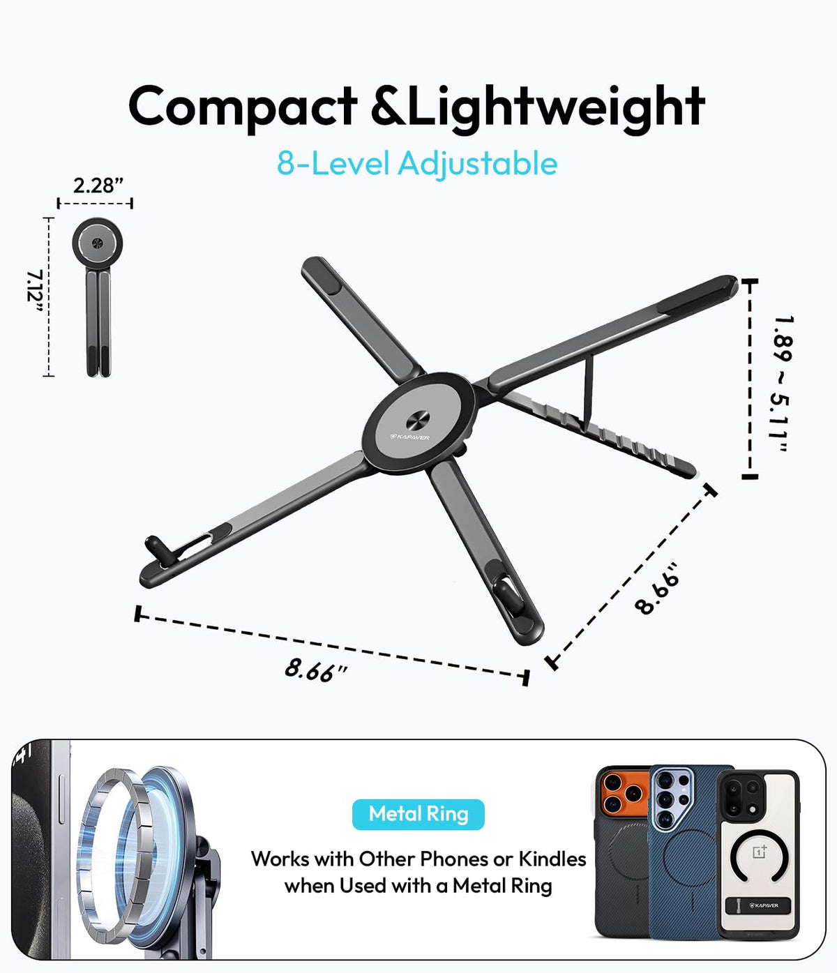 KAPAVER HaloStand 5in1 Portable Magnetic Aluminum Alloy Stand, 360° Adjustable Laptop, Tablet, Phone Holder with 8-Level Height Adjustment & Foldable Design (Cosmic Gray/Orange)